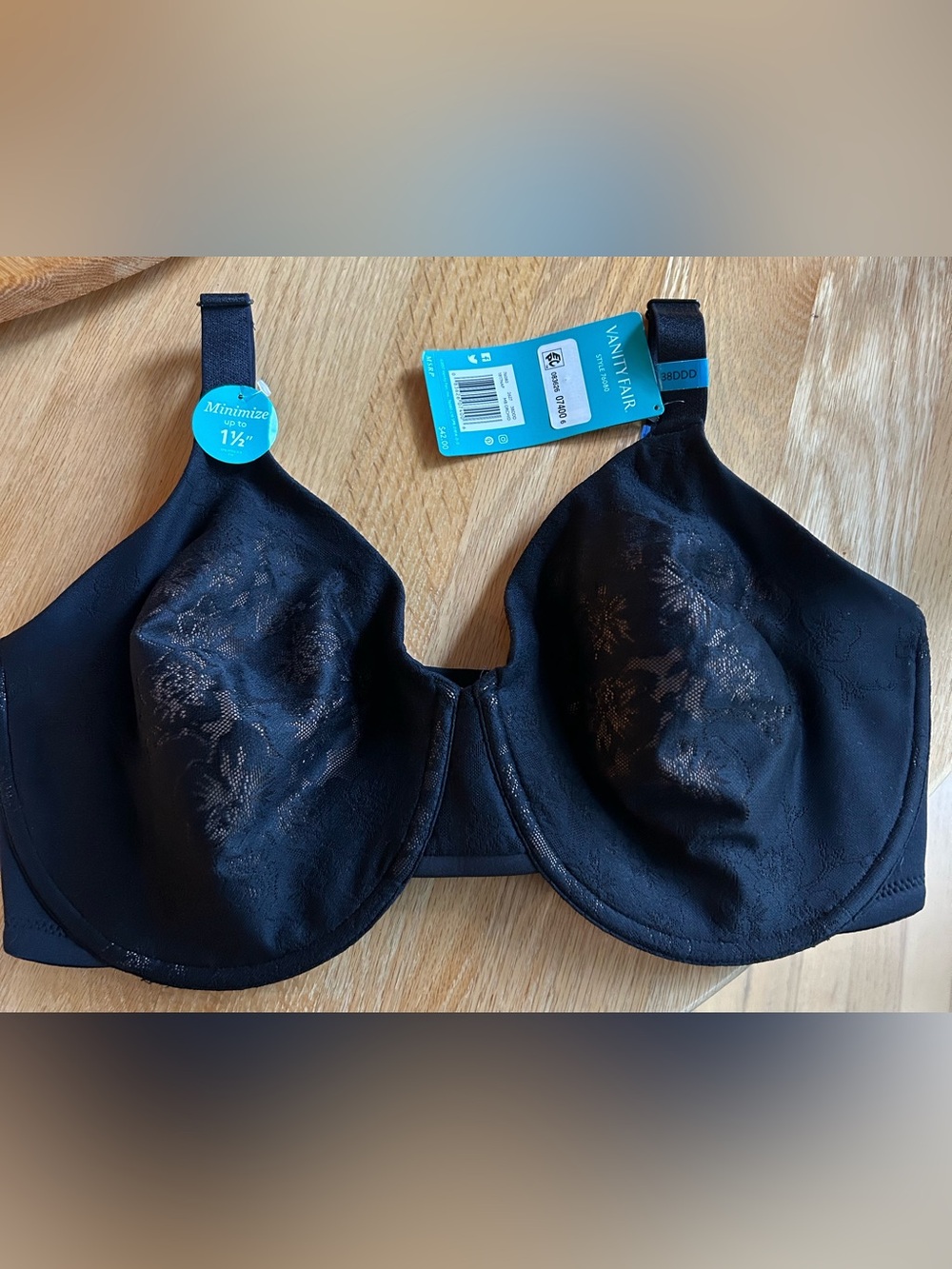 Vanity Black Full-Coverage Lace Beauty Back Minimizer Bra -38DDD - Style 76080